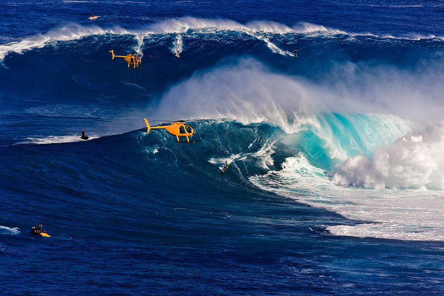Jaws Photograph - Big surf at Jaws with helicopters capturing the day by Nature  Photographer