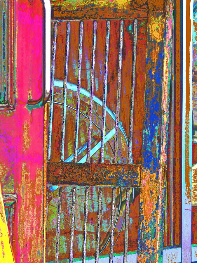 Bike and Door bars Old Port festival Painting by Priscilla Batzell Expressionist Art Studio Gallery