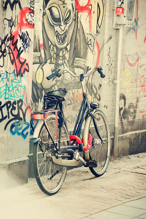 Bike at Graffiti Wall. Trash Sketches from the Amsterdam Streets Photograph by Jenny Rainbow