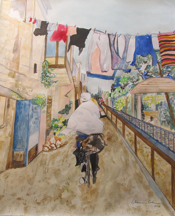 Bike Rider in Jerusalem Painting by Esther Newman-Cohen