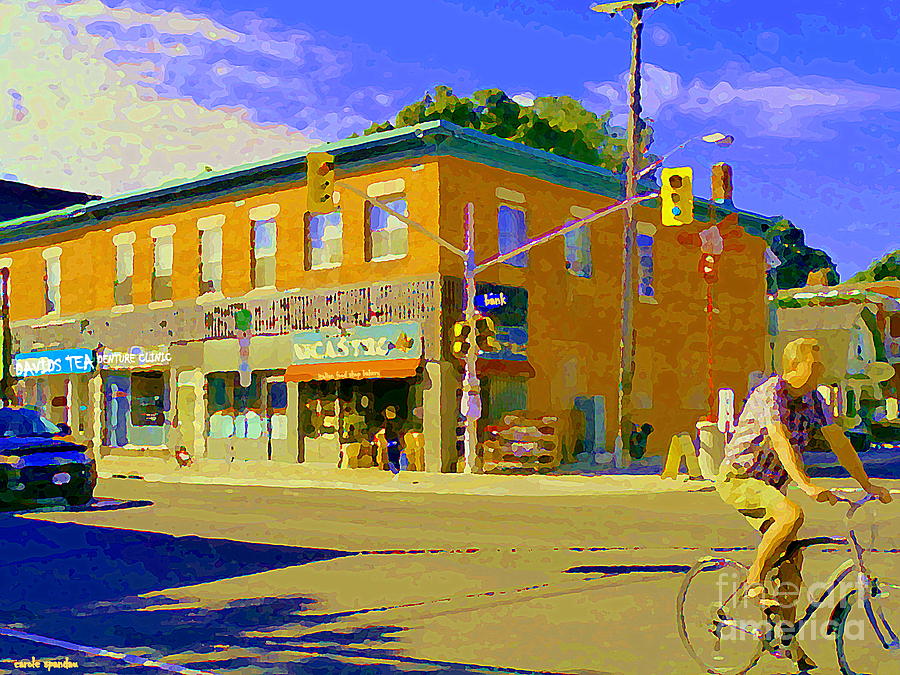 Biking By The Bakery On Bank The Glebe Nicastro Foods And Davids Tea Ottawa Streetscene Cspandau    Painting by Carole Spandau