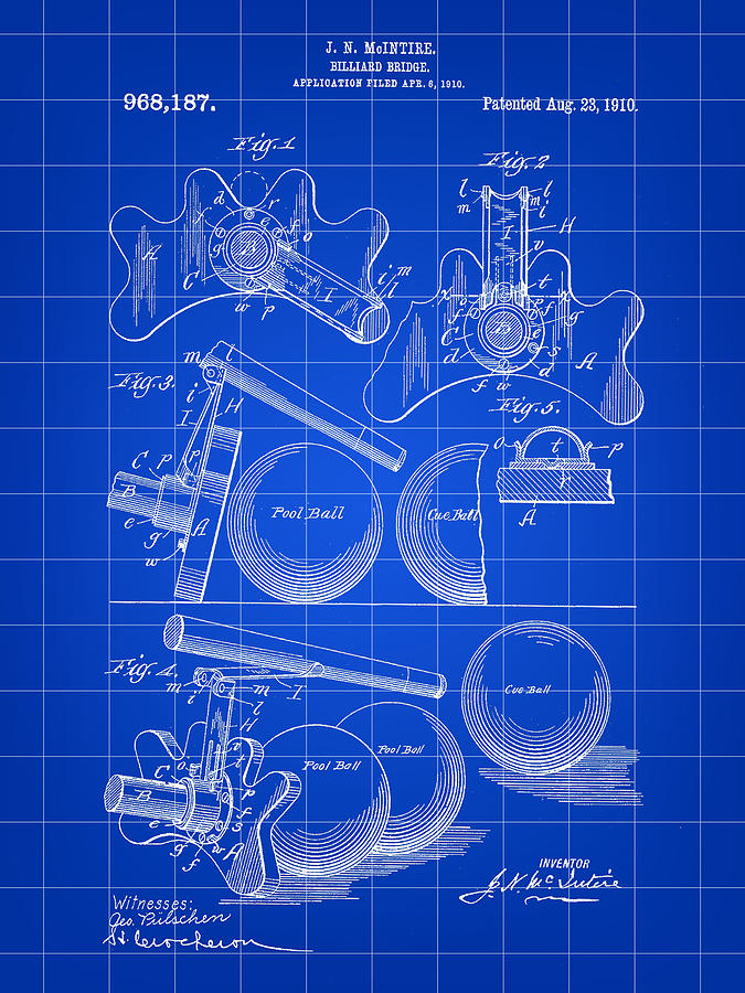 Billiard Bridge Patent 1910 - Blue Digital Art by Stephen Younts