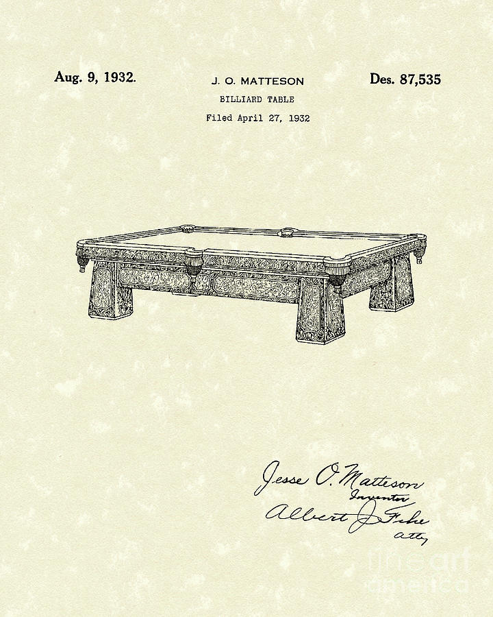 Billiard Table 1932 Patent Art Drawing by Prior Art Design