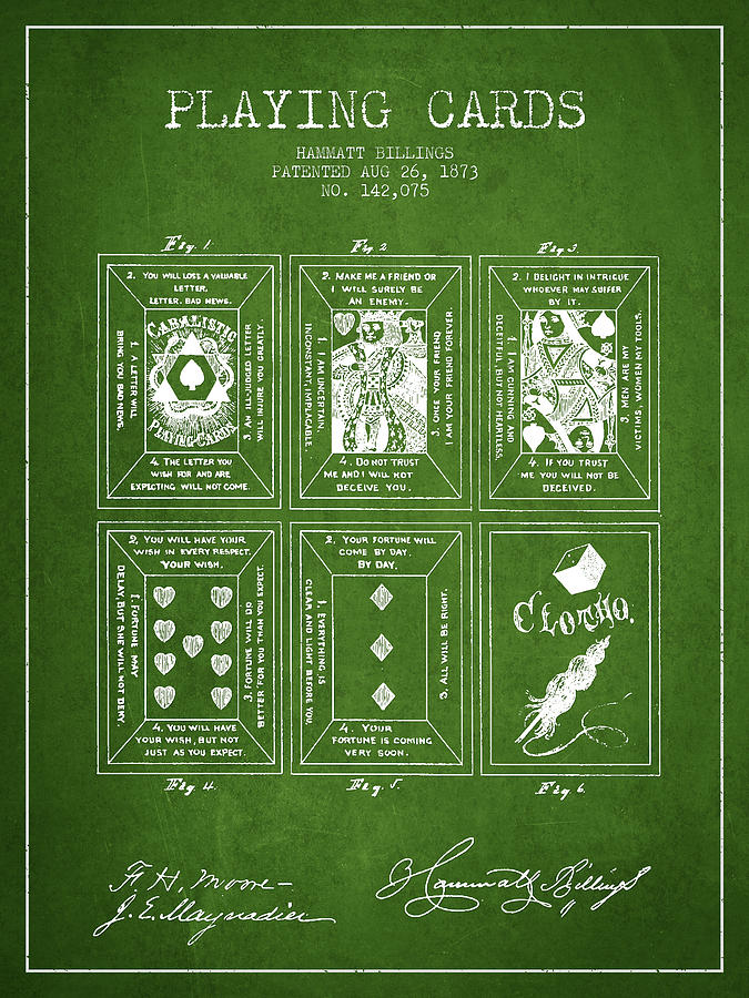 Las Vegas Digital Art - Billings Playing Cards Patent Drawing From 1873 - Green by Aged Pixel