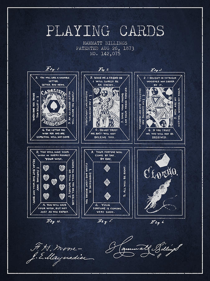 Las Vegas Digital Art - Billings Playing Cards Patent Drawing From 1873 - Navy Blue by Aged Pixel