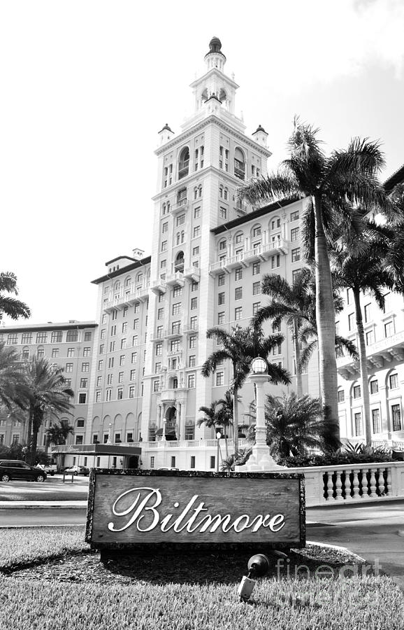 Biltmore Hotel Facade and Sign Coral Gables Miami Florida Black and White Photograph by Shawn OBrien