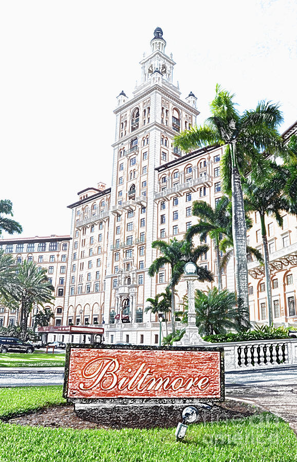 Biltmore Hotel Facade and Sign Coral Gables Miami Florida Colored Pencil Digital Art Digital Art by Shawn OBrien
