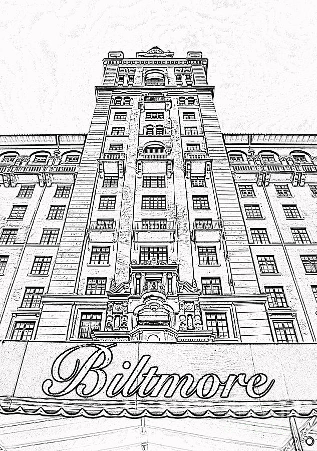 Biltmore Hotel Miami Coral Gables Florida Exterior Awning and Tower Black and White Digital Art Digital Art by Shawn OBrien