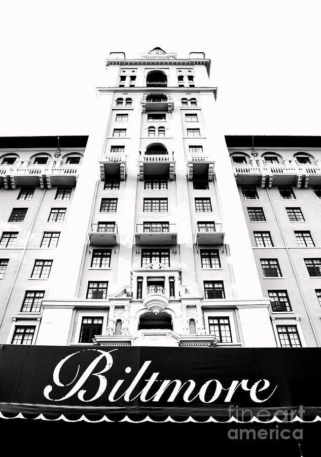 Biltmore Hotel Miami Coral Gables Florida Exterior Awning and Tower BW Conte Crayon Digital Art Digital Art by Shawn OBrien