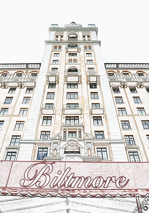 Biltmore Hotel Miami Coral Gables Florida Exterior Awning and Tower Colored Pencil Digital Art Digital Art by Shawn OBrien