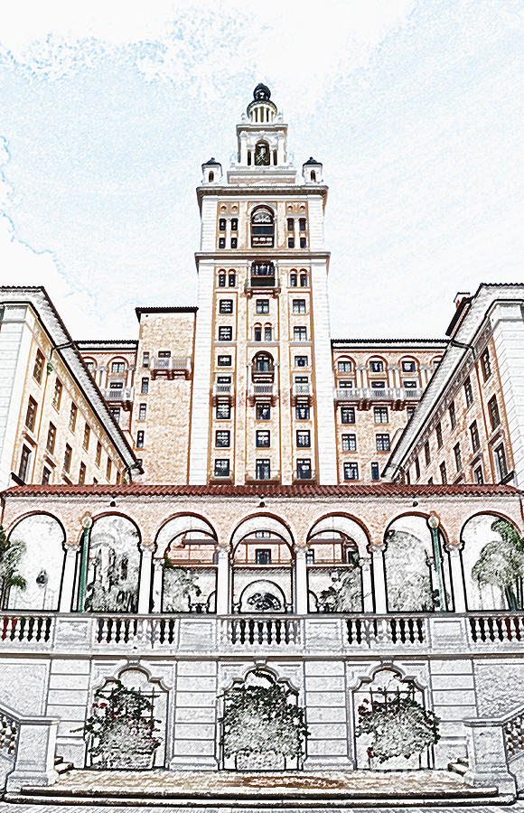Biltmore Hotel Miami Coral Gables Florida Exterior Colonnade and Tower Colored Pencil Digital Art Digital Art by Shawn OBrien