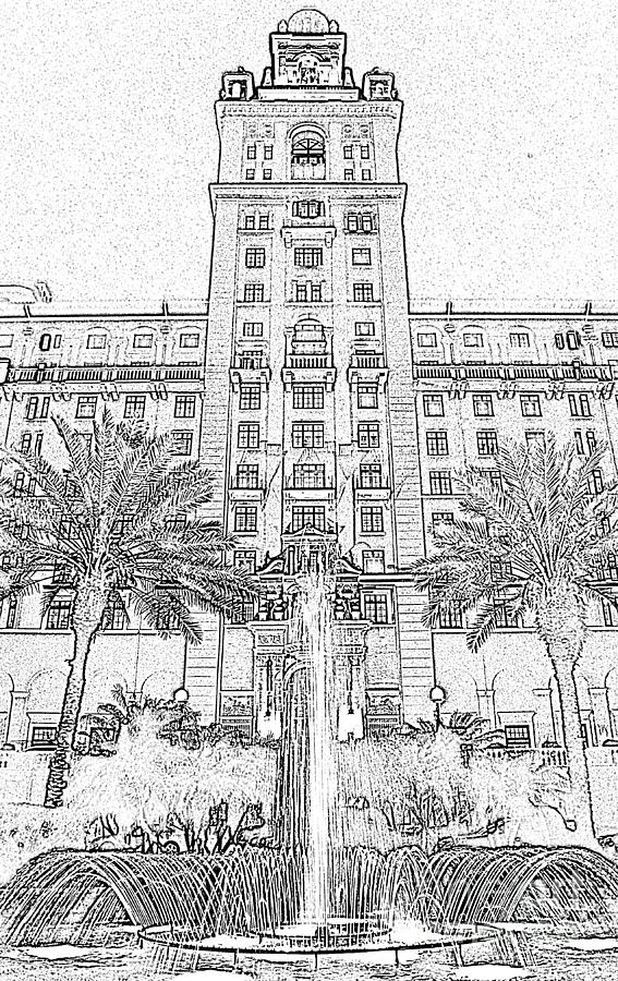 Biltmore Hotel Miami Coral Gables Florida Exterior Entrance Tower Black and White Digital Art Digital Art by Shawn OBrien