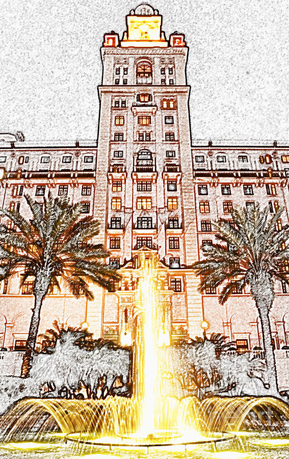 Biltmore Hotel Miami Coral Gables Florida Exterior Entrance Tower Colored Pencil Digital Art Digital Art by Shawn OBrien