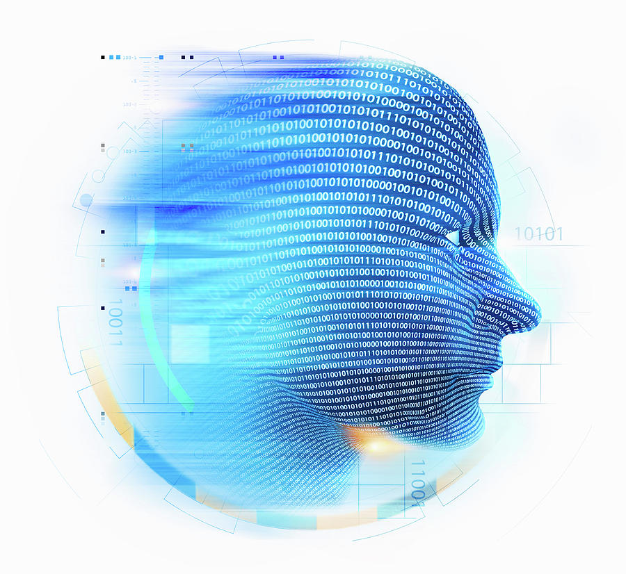 Binary Code Streaming Over Blue Human Photograph by Ikon Ikon Images