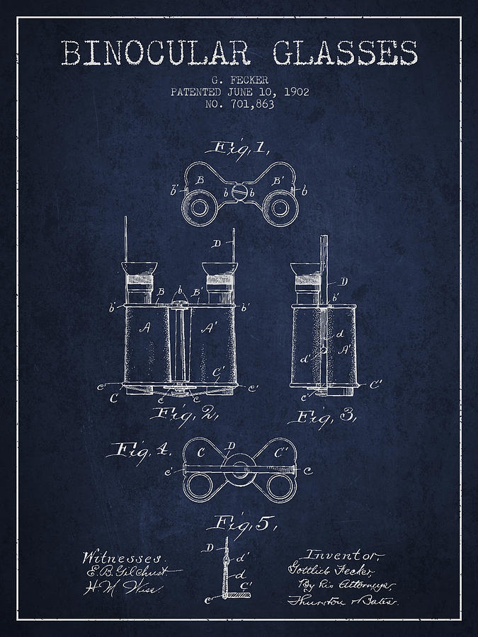 Binocular Glasses Patent Drawing From 1902 - Navy Blue Drawing