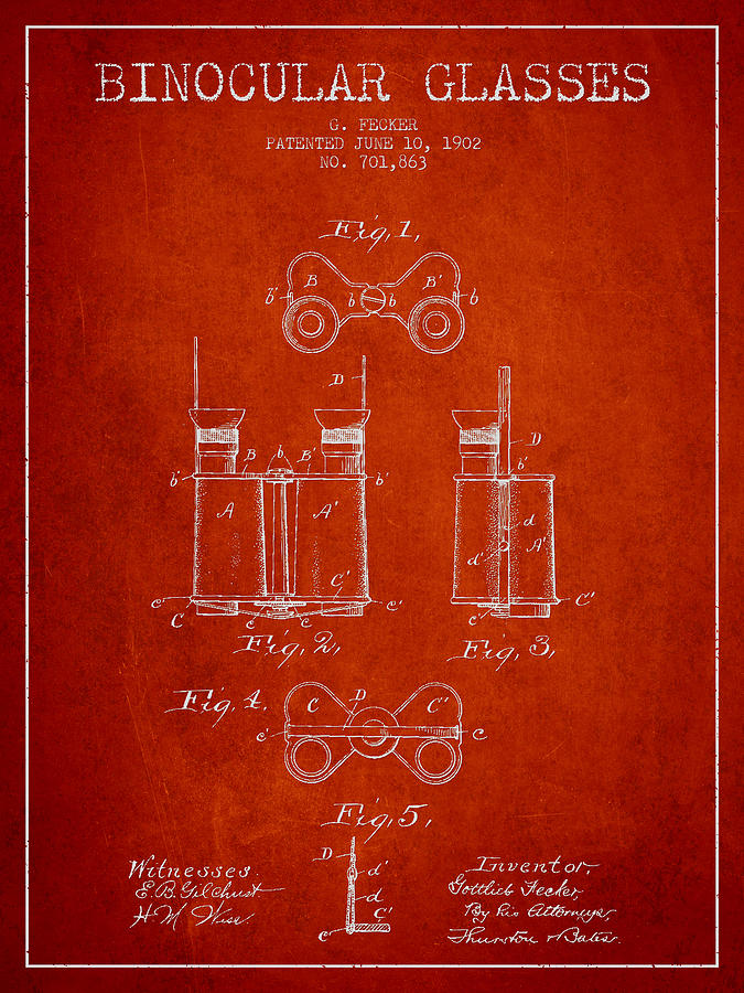 Binocular Glasses Patent Drawing From 1902 - Red Drawing