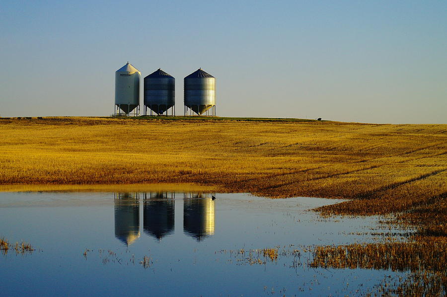 Farm Photograph - Bins Reflecting Off The Water by Jeff Swan