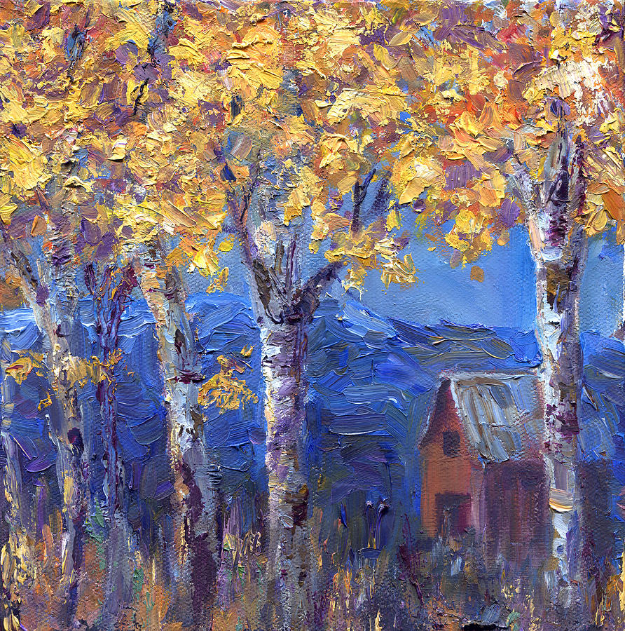 Birch Fall and Barn Painting by June Hunt