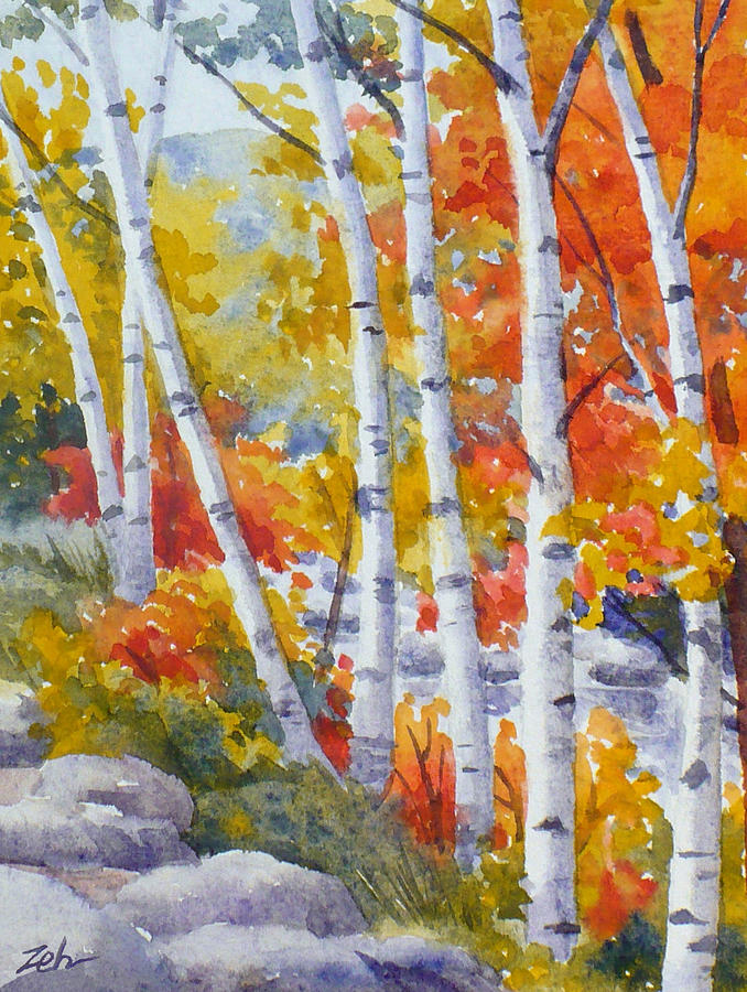 Birches Along the River Painting by Janet Zeh