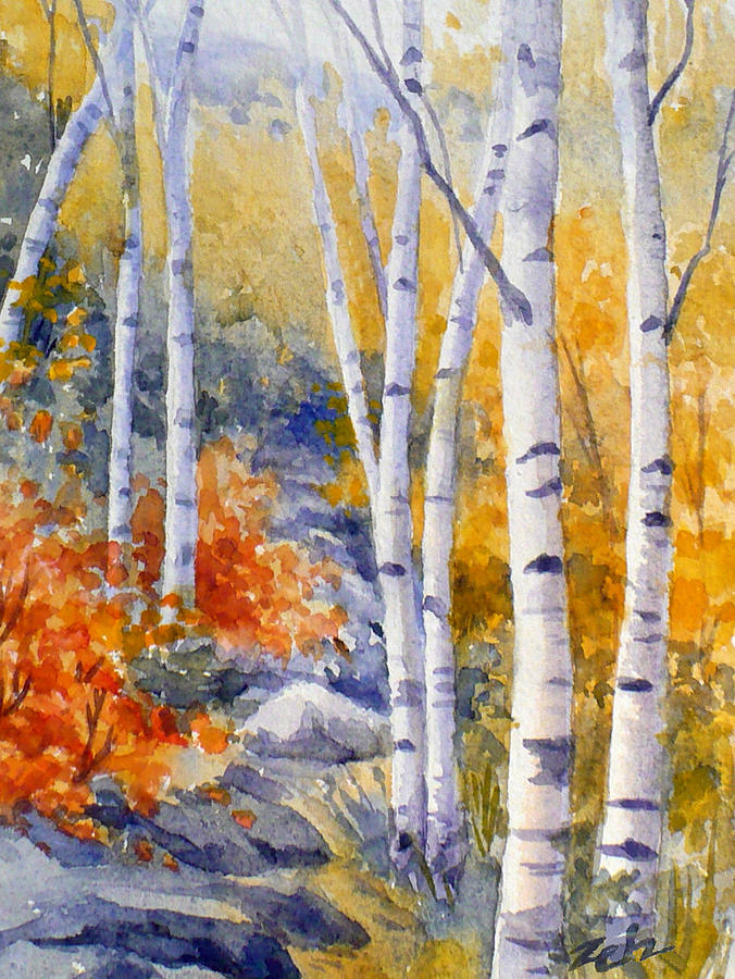 Birches along the Trail Painting by Janet Zeh