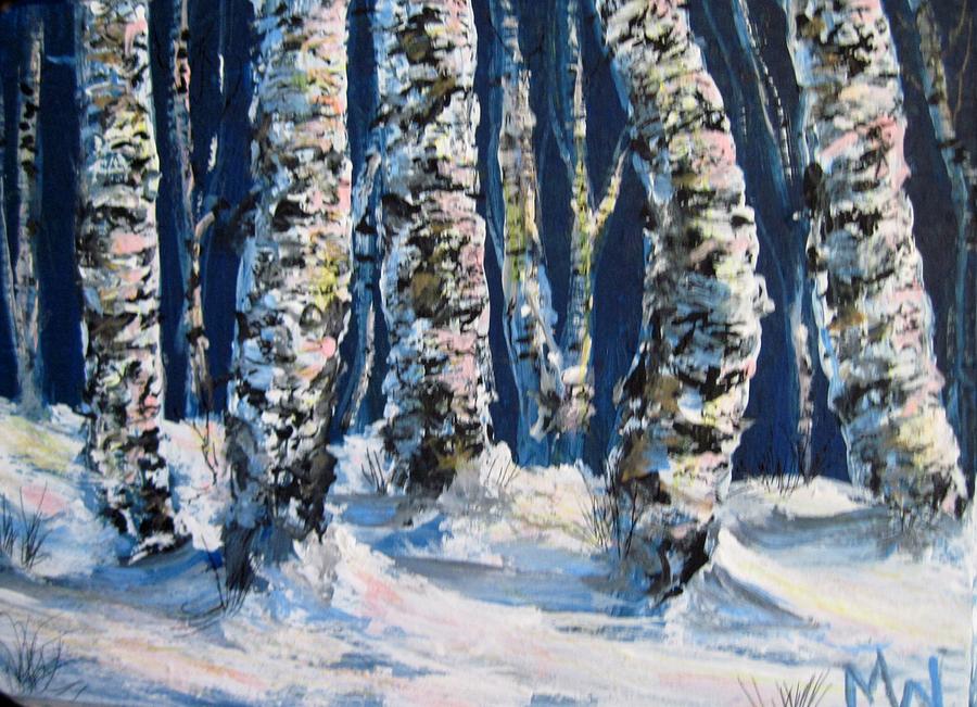 Birches at night in winter Painting by Megan Walsh