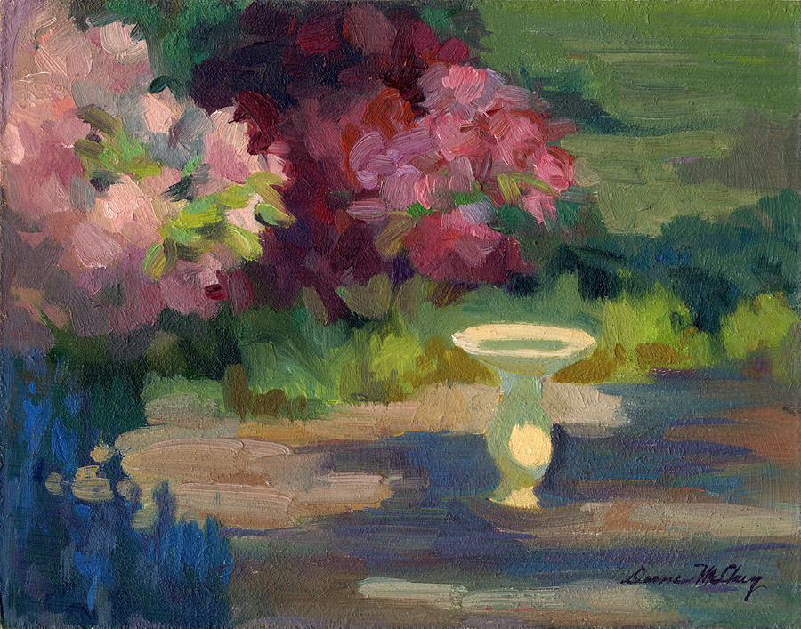 Flower Painting - Bird Bath and Rhodies by Diane McClary