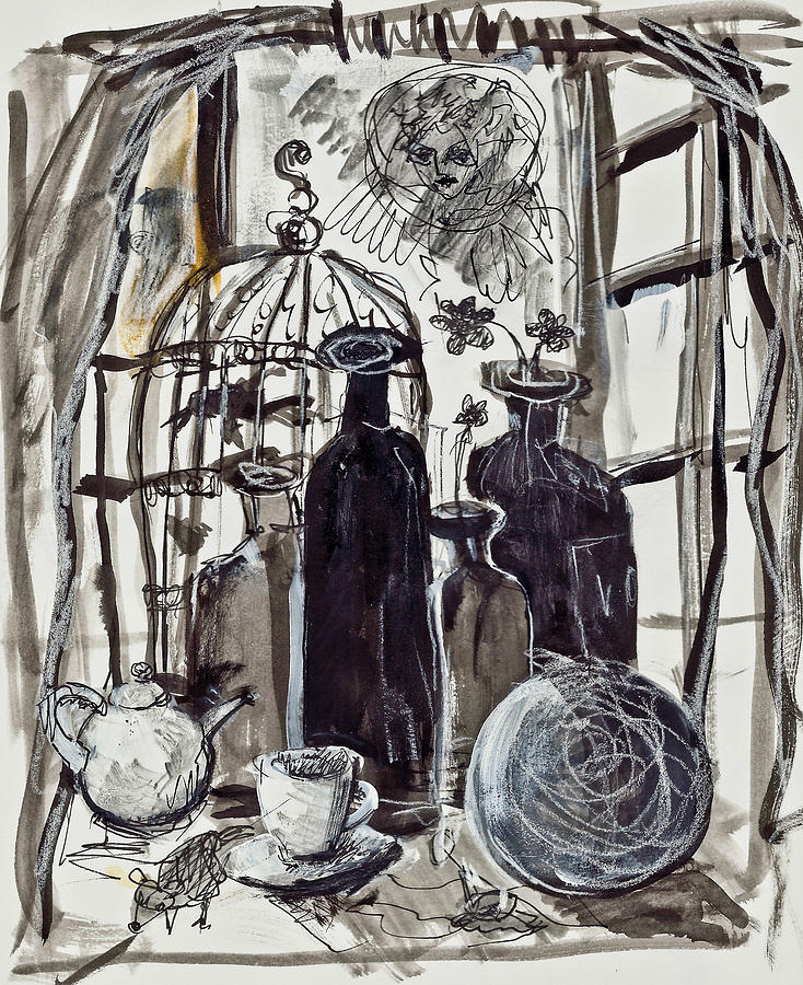 Bird cage and two bottles Painting by Maxim Komissarchik