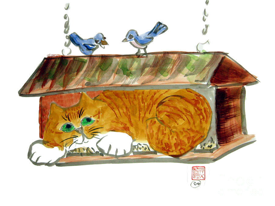Bird Feeder and Orange Tiger Cat Painting by Ellen Miffitt