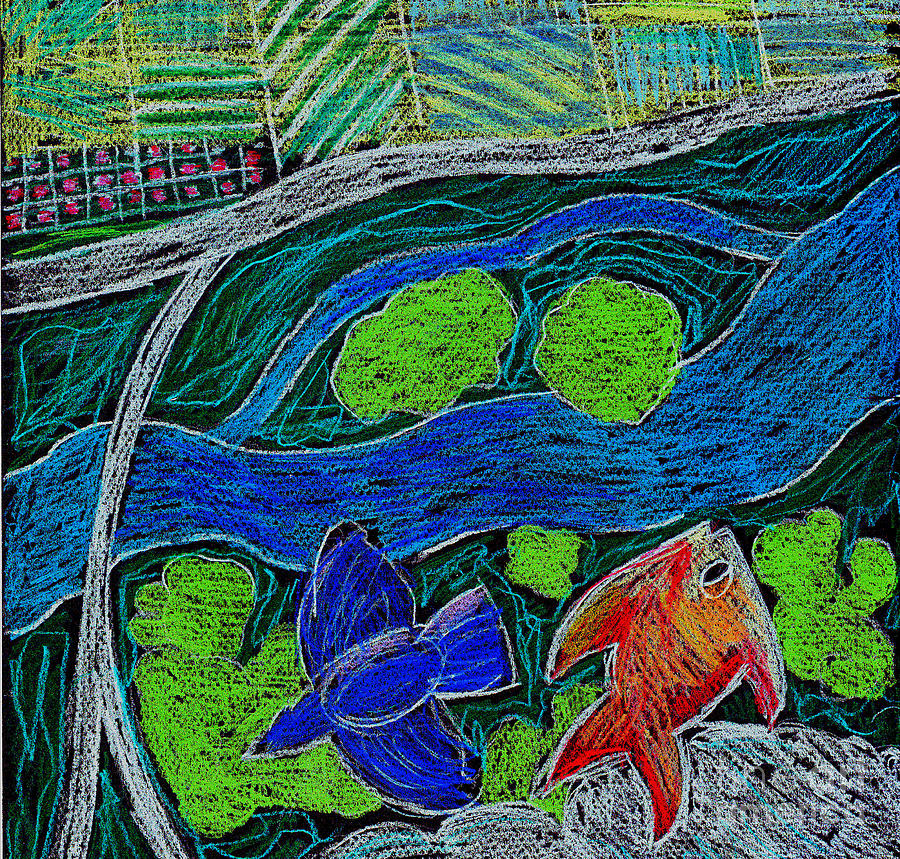 Fish Painting - Bird Flying Over Landscape and Fish Swimming in River  by Genevieve Esson