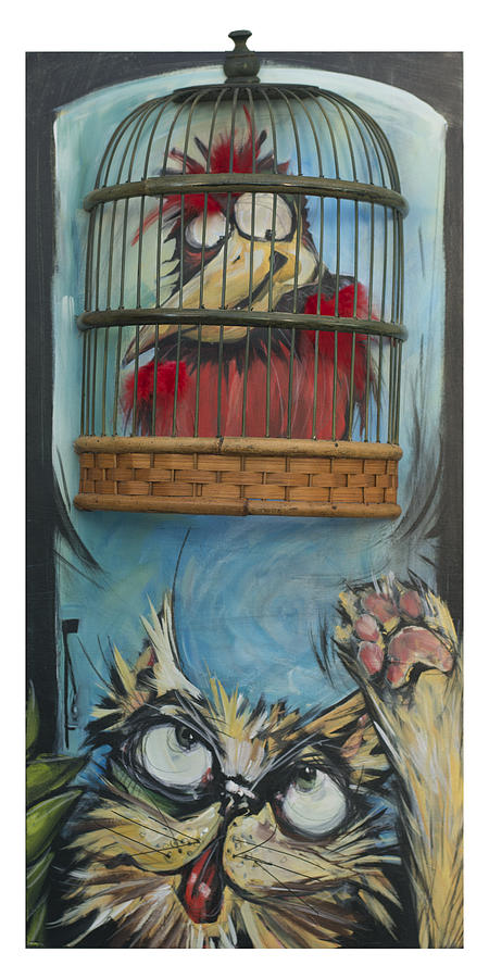 Bird In Cage With Cat Painting by Tim Nyberg