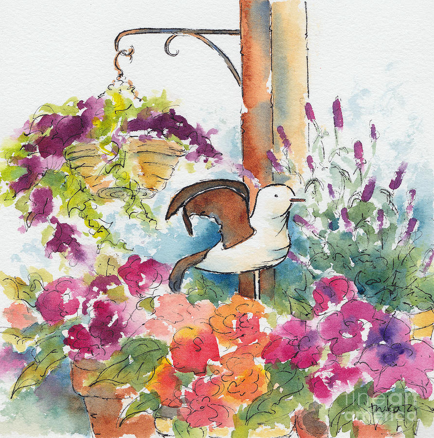 Bird In The Begonias Painting by Pat Katz