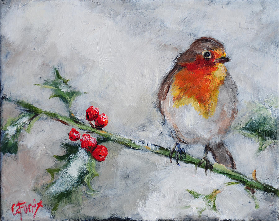 Bird in the Winter Snow Painting by Carole Foret