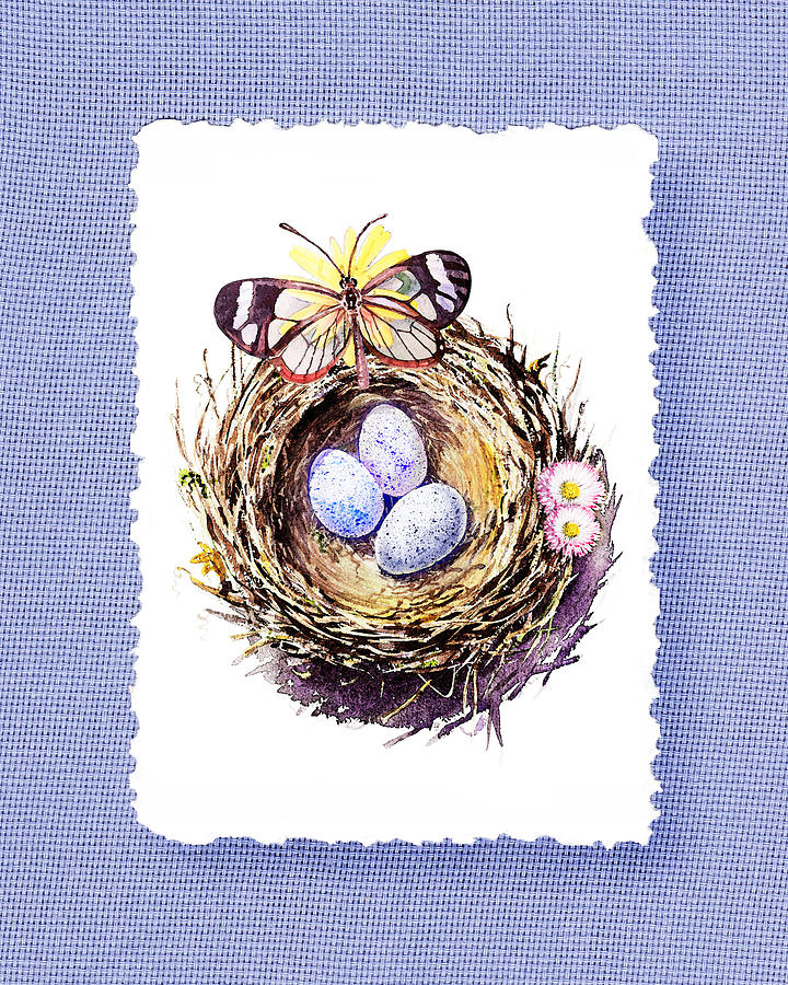 Bird Nest With Daisies Eggs And Butterfly Painting by Irina Sztukowski