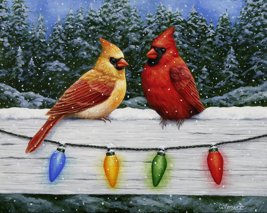 Bird Painting - Bird Painting - Christmas Cardinals by Crista Forest