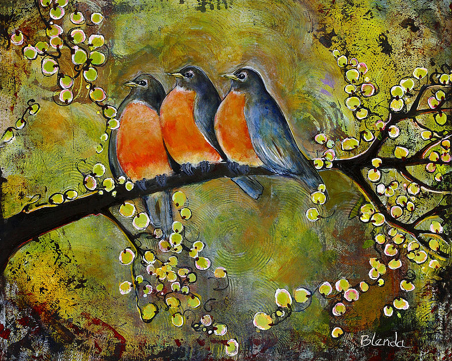 Animal Painting - Three Little Robin Birds by Blenda Studio