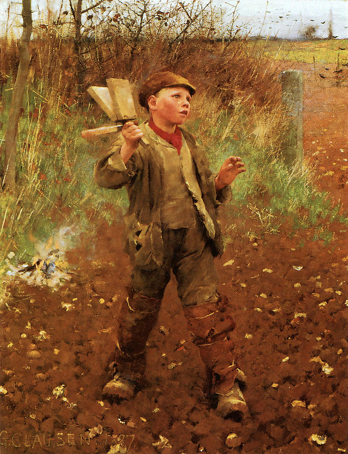 Bird scaring Painting by George Clausen