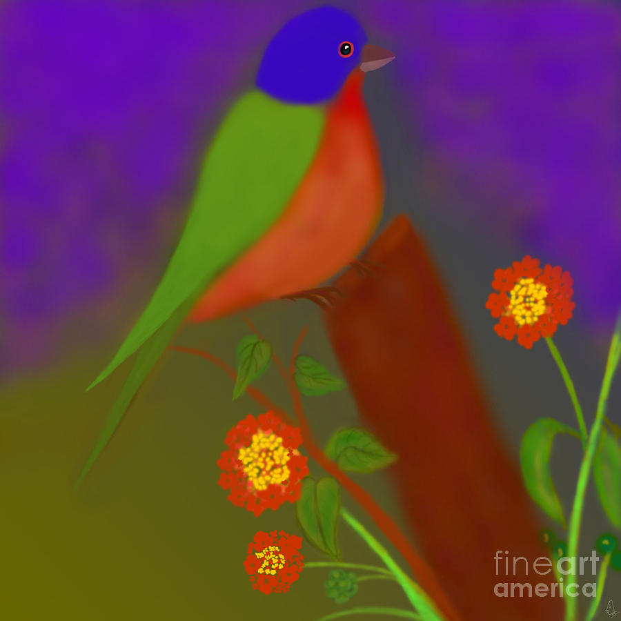 Bird with Lantana flowers Digital Art by Latha Gokuldas Panicker