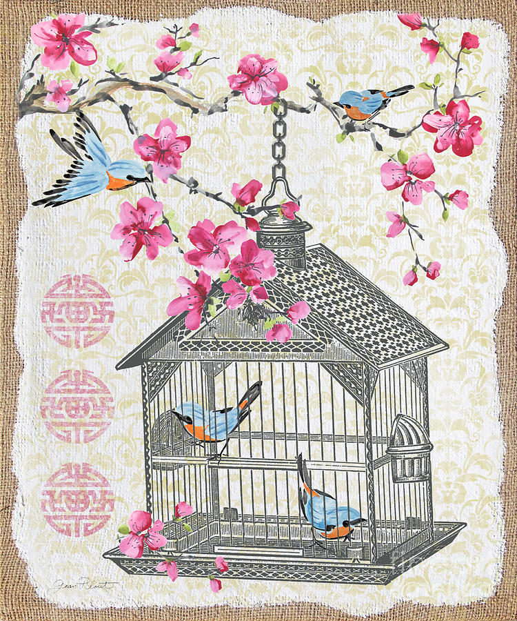 Birdcage with Cherry Blossoms-JP2611 Mixed Media by Jean Plout