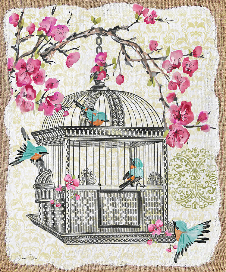 Finch Mixed Media - Birdcage with Cherry Blossoms-JP2612 by Jean Plout