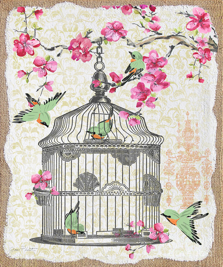 Finch Mixed Media - Birdcage with Cherry Blossoms-JP2613 by Jean Plout