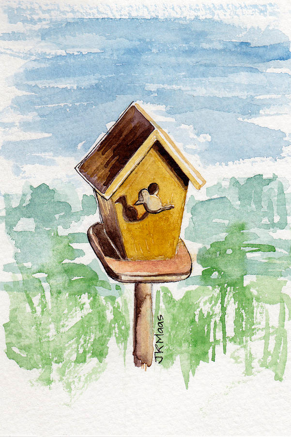 Birdhouse and Bird of Wood Painting by Julie Maas