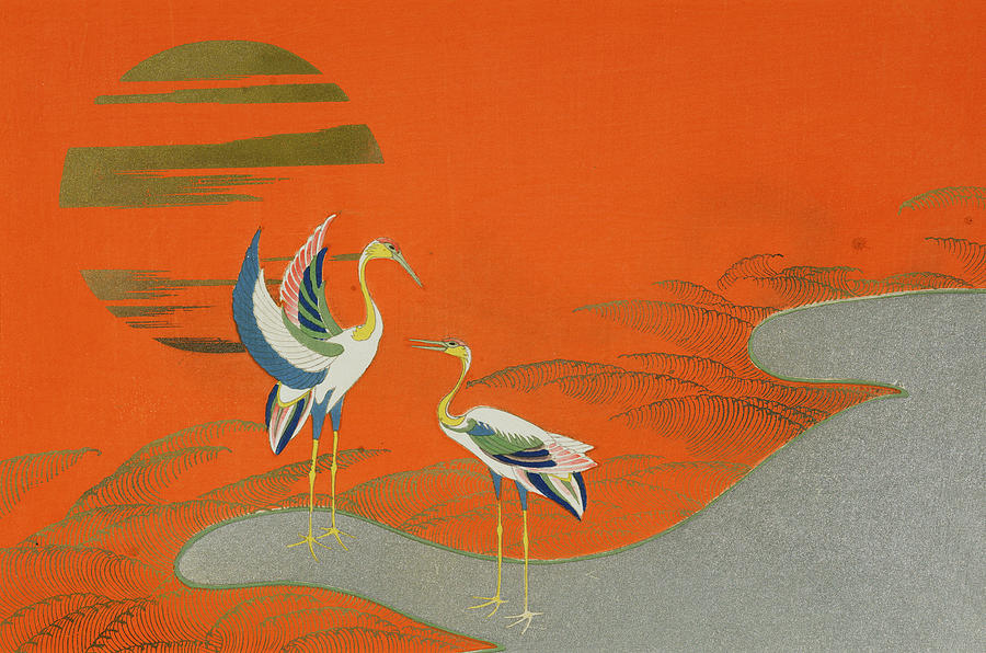Stork Painting - Birds At Sunset On The Lake by Kamisaka Sekka