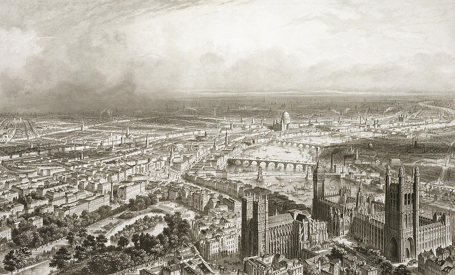 London Drawing - Birds Eye View of London from Westminster Abbey by Nicolas Marie Joseph Chapuy