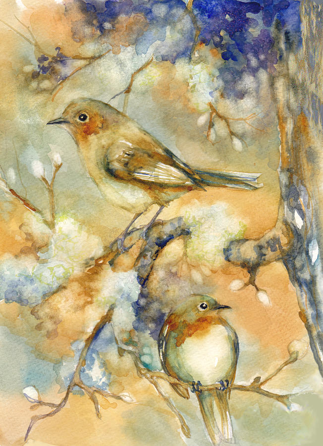 Birds in Mossy Branches Mixed Media by Peggy Wilson