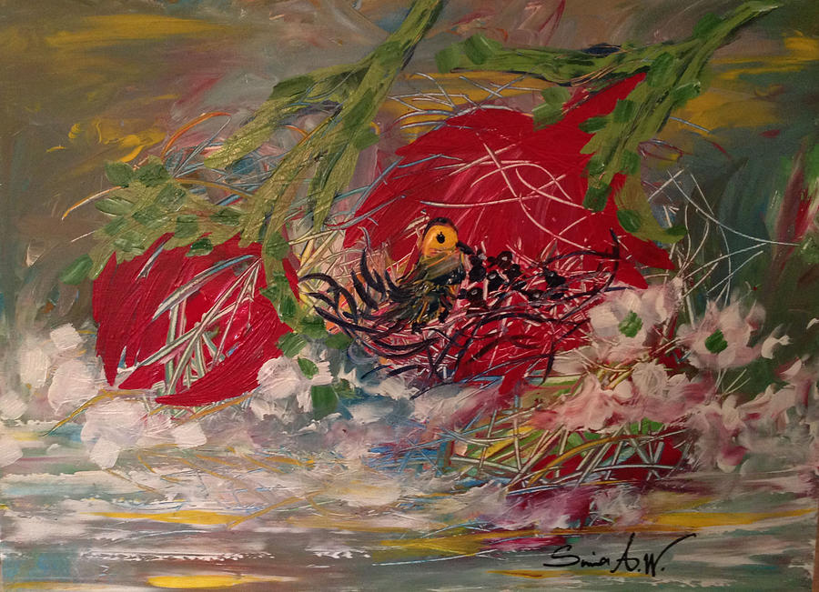 Birds nest at the pond Painting by Sima Amid Wewetzer