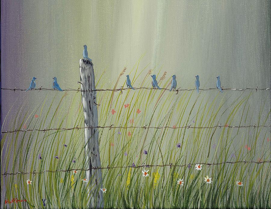 Bird Painting - Birds on a fence by Ray Huffman
