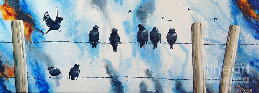 Birds on Barbed Wire Painting by Shiela Gosselin