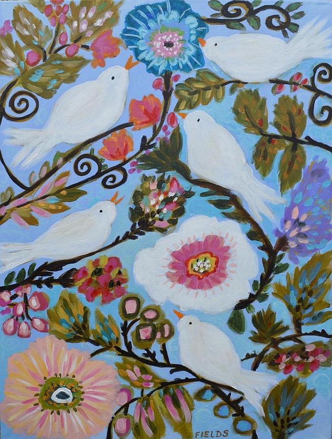 Birds On The Vine-cottage Bird Garden Painting by Karen Fields - Fine ...