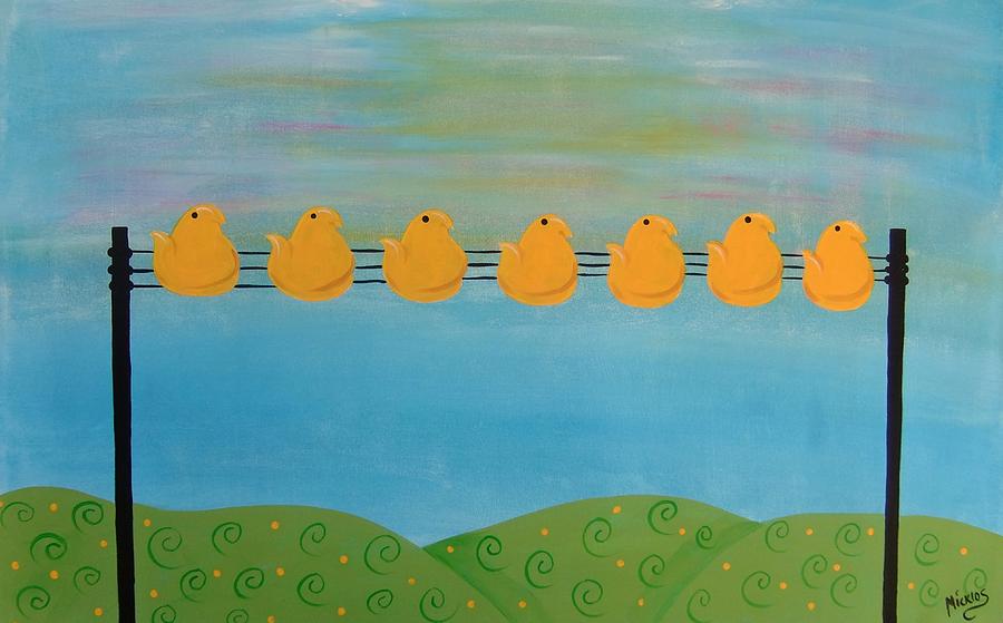 Birds Peeps On A Wire Whimsy Painting by Cindy Micklos