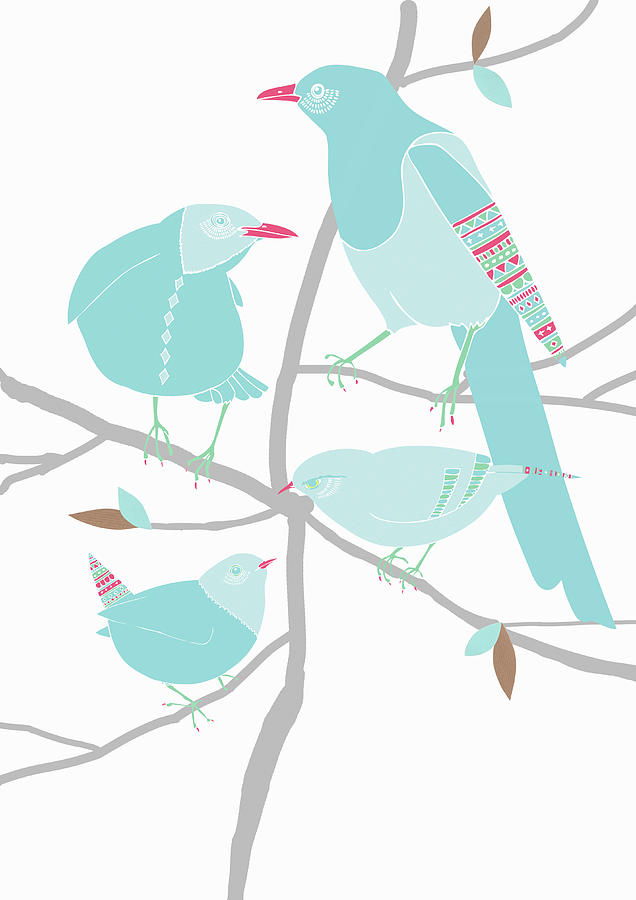 Birds With Patterns Perched On Branches Photograph by Ikon Ikon Images